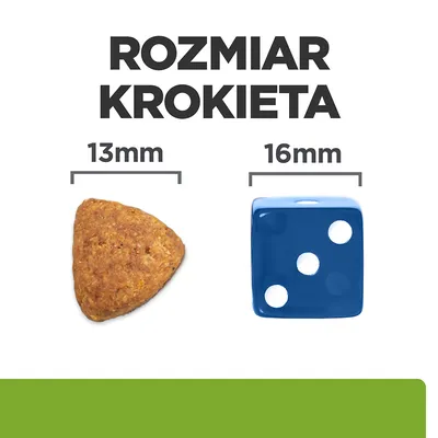 Rozmiar krokieta: trójkątny krokiet 13 mm obok niebieskiej kostki do gry 16 mm. Porównanie wielkości dla lepszego zobrazowania produktu.