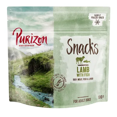 Purizon Snacks Lamb with Fish, 100% meat, fish & liver, gently freeze-dried, para perros adultos, 100 g. Texto en inglés: Nature is our inspiration, 0% grain, 100% tasty.