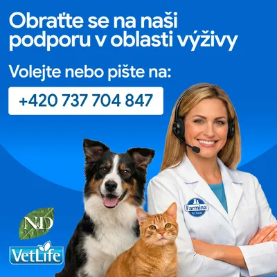 Kontakt na výživové poradenstvo Farmina Pet Foods na čísle +420 737 704 847. Logá: ND, VetLife. Kontakt na výživové poradenstvo Farmina Pet Foods na čísle +420 737 704 847. Logá: ND, VetLife.