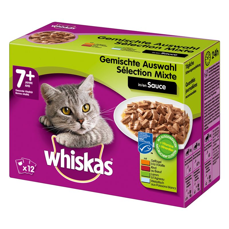 Whiskas Gemischte Auswahl in Sauce για γάτες 7+, συσκευασία 12 φακελάκια. Εικόνα γάτας, πιάτο με τροφή, ορατά διατροφικά στοιχεία και σήμα MSC. Κείμενο στα γερμανικά/γαλλικά.