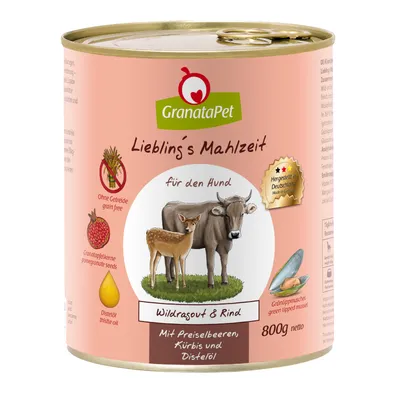 Konzerva GranataPet Lieblińs Mahlzeit Wildragout & Rind pro psy, 800 g. Text: Ohne Getreide, Granatapfelkerne, Distelöl, Mit Preiselbeeren, Kürbis und Distelöl.