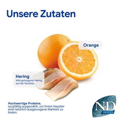 Unsere Zutaten: Orange, wild gefangener Hering aus der Nordsee. Hochwertige Proteine für eine natürlich ausgewogene Mahlzeit. N&D Ocean.