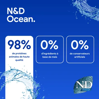N&D Ocean. 98 % de protéines animales de haute qualité, 0 % d’ingrédients de maïs, 0 % de conservateurs artificiels. N&D Ocean. 98 % de protéines animales de haute qualité, 0 % d’ingrédients de maïs, 0 % de conservateurs artificiels.