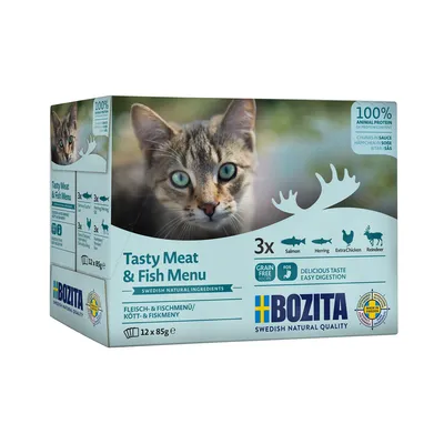 Bozita Tasty Meat & Fish Menu, 12x85g, bez obilovin, složení: losos, sleď, kuře, sob. 100% živočišné bílkoviny, snadné trávení, švédská kvalita.