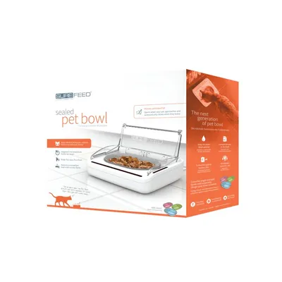 Sealed pet bowl with motion-activated lid that opens when a pet approaches and closes when they leave, helps keep food fresh and reduces odours. Includes colour-coded bowls.