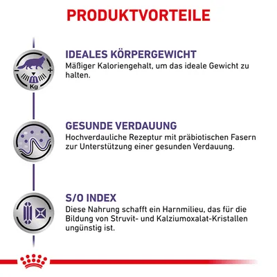 Produktvorteile: Ideales Körpergewicht durch mässigen Kaloriengehalt. Gesunde Verdauung mit präbiotischen Fasern. S/O Index verhindert Struvit- und Kalziumoxalat-Kristallbildung.