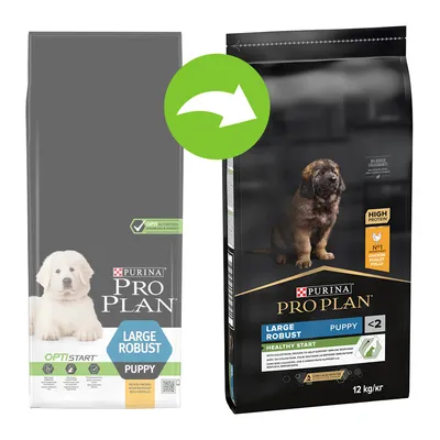 Confronto tra vecchio e nuovo packaging di Purina Pro Plan Large Robust Puppy; entrambi mostrano cuccioli, testo visibile: 'HIGH PROTEIN', 'NO1 CHICKEN', '12 kg/kr', 'HEALTHY START', '<2'.