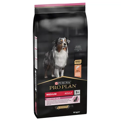Purina Pro Plan Medium Adult Sensitive Skin cu somon, bogat în proteine, pentru câini de la 1 an, 14 kg. Fără coloranți adăugați.