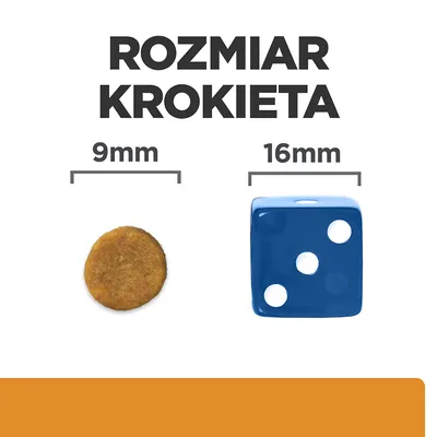 Rozmiar krokieta: średnica 9 mm, obok kostka do gry 16 mm dla porównania wielkości.