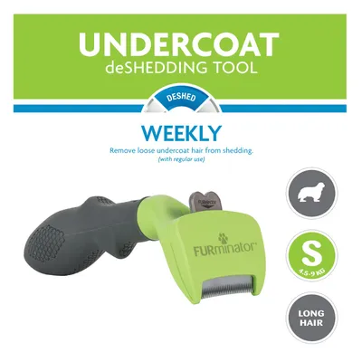 Herramienta Furminator Undercoat deShedding Tool, tamaño S 4,5–9 kg, para pelo largo. Texto visible: WEEKLY, remove loose undercoat hair from shedding (with regular use).