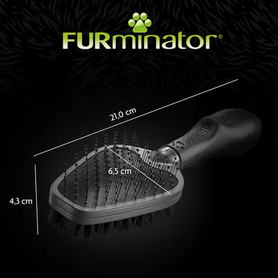 FURminator Bürste mit Abmessungen: Länge 21,0 cm, Breite 6,5 cm, Höhe 4,3 cm. Schwarzer Griff und Borsten für Fellpflege.