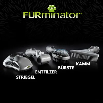FURminator Pflegeprodukte: Striegel, Entfilzer, Bürste und Kamm. Vier Werkzeuge für Fellpflege dargestellt.