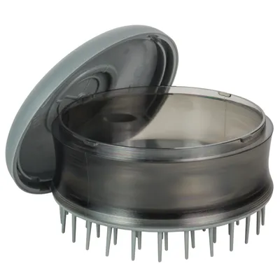 Rund børste med grå plastikpigge og gennemsigtig beholder, aftageligt låg. Ingen synlig tekst eller mærke.