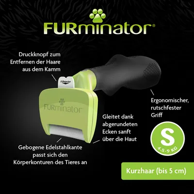 FURminator Kurzhaar (bis 5 cm) für Tiere von 4,5-9 kg. Gebogene Edelstahlkante passt sich Körperkonturen an. Druckknopf entfernt Haare aus dem Kamm. Ergonomischer, rutschfester Griff.