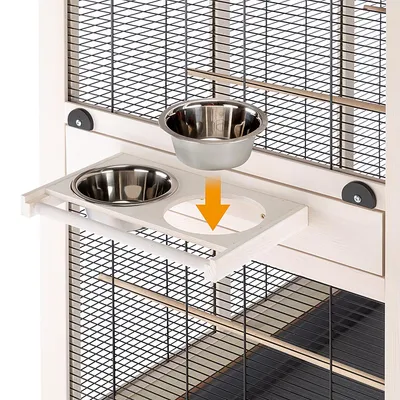 Installation instructions for stainless steel food bowl in wooden holder of a cage. Orange arrow indicates the position of the bowl.