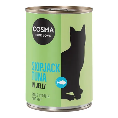 Lata de comida para gatos Cosma Pure Love, texto visível: Skipjack Tuna in Jelly, Single Protein Pure Fish. Silhueta de gato e peixe desenhados no rótulo verde.