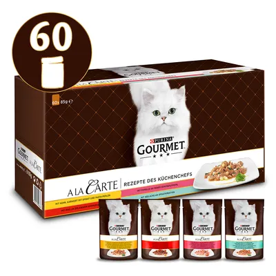 Purina Gourmet A La Carte, Chef’s Recipes. Pack of 60x85g pouches: chicken, trout, beef, pollock. With spinach, pasta pearls and fine vegetable selection.