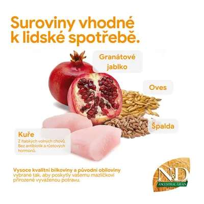 Prísady: granátové jablko, ovos, špalda, kuracie mäso z voľného chovu bez antibiotík alebo rastových hormónov. Kvalitné bielkoviny a obilniny pre vyváženú výživu zvierat. Prísady: granátové jablko, ovos, špalda, kuracie mäso z voľného chovu bez antibiotík alebo rastových hormónov. Kvalitné bielkoviny a obilniny pre vyváženú výživu zvierat.