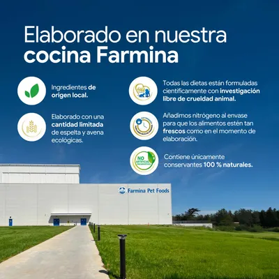 Elaborado en la cocina de Farmina con ingredientes locales, espelta limitada y avena orgánica, sin pruebas en animales, envasado fresco con nitrógeno, solo conservantes 100% naturales.