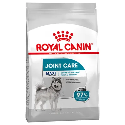 Royal Canin Joint Care Maxi pour chiens 26–44 kg, texte visible : Eases Movement, Facilité le mouvement, 97 % owners satisfied after 28 days. Sac avec image de chien.