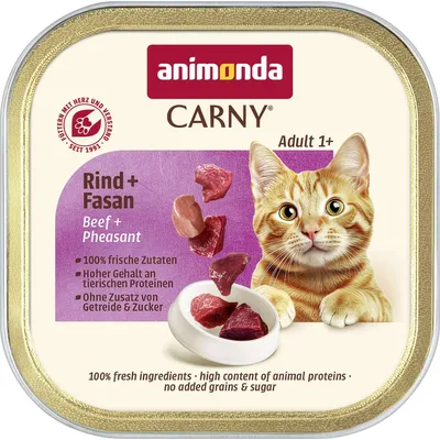 animonda Carny Adult 1+. Oksekød + Fasan. 100% friske ingredienser, højt indhold af animalske proteiner, uden tilsat korn og sukker.