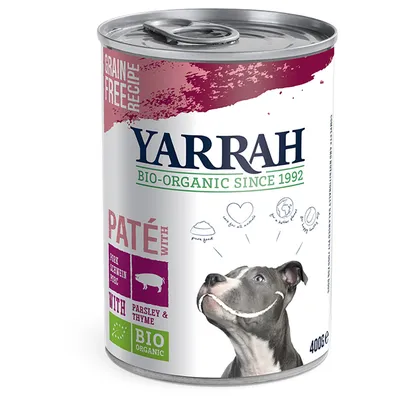 Yarrah Bio-Organic Since 1992 paté med pork, parsley & thyme. Grain free recipe. 400 g dåse med billede af hund. Tekst: pure food, for all animals, a better world, try love. BIO ORGANIC mærke.