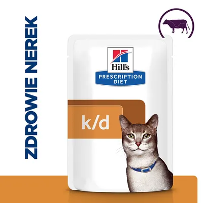 Hill's Prescription Diet k/d dla kotów, opakowanie z wizerunkiem kota, tekst: ZDROWIE NEREK, symbol krowy w prawym górnym rogu.
