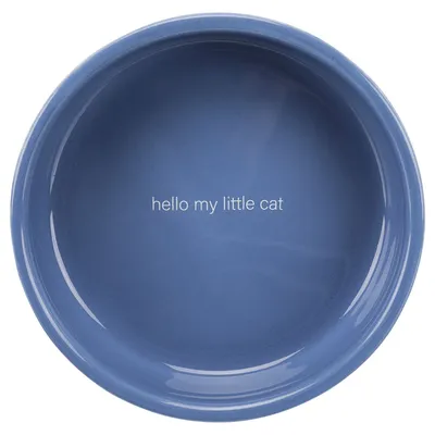 Blauer Futternapf mit der Aufschrift 'hello my little cat'.