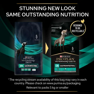 Image shows new packaging for Purina Pro Plan Veterinary Diets EN Gastrointestinal, highlighting same nutrition and designed to be recyclable. Relevant for packs 5 kg or smaller.