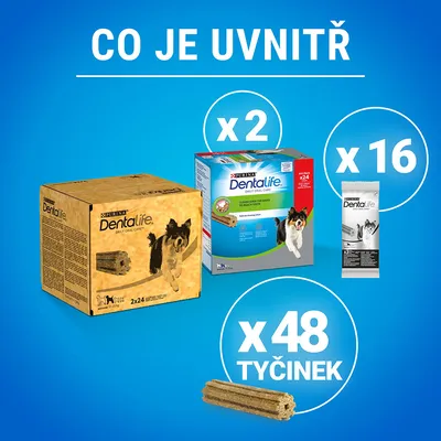 Obsah balení: 2 krabice Purina Dentalife, 16 sáčků Dentalife, celkem 48 tyčinek. Text: Co je uvnitř, x2, x16, x48 tyčinek.