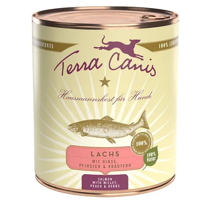 Terra Canis Hausmannskost für Hunde, Lachs mit miglio, pesca e erbe. 100% Natur. Testo in tedesco e inglese: Salmon with millet, peach & herbs.