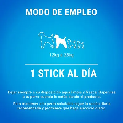 Modo de empleo: para perros de 12 kg a 25 kg, 1 stick al día. Instrucciones: agua limpia disponible, supervisar al perro, seguir ración diaria y fomentar ejercicio diario.