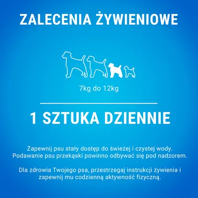 Zalecenia żywieniowe dla psa 7–12 kg: 1 sztuka dziennie. Zapewnij psu stały dostęp do świeżej wody, podawaj przekąski pod nadzorem, dbaj o codzienną aktywność.