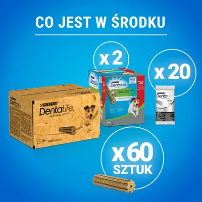 Purina Dentalife Daily Oral Care: 2 opakowania, 20 saszetek, 60 sztuk przysmaków dentystycznych dla psów. Widoczne opakowania i pojedynczy przysmak na niebieskim tle.