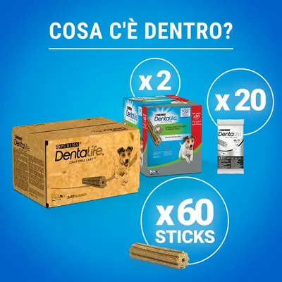 Confezioni Purina Dentalife Daily Oral Care per cani, 2 scatole, 20 bustine singole e 60 sticks visibili. Testo: 'Cosa c'è dentro?', x2, x20, x60 sticks.