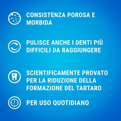 Consistenza porosa e morbida, pulisce anche i denti più difficili da raggiungere, scientificamente provato per la riduzione della formazione del tartaro, per uso quotidiano.