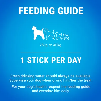 Fodringsvejledning: 25 kg til 40 kg, 1 stick pr. dag. Tekst på engelsk om frisk vand, opsyn ved godbid og at følge vejledningen for hundens sundhed.