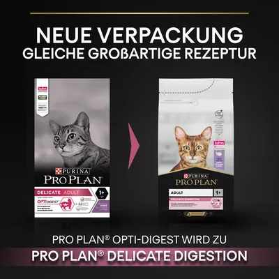 Neue Verpackung, gleiche grossartige Rezeptur. Pro Plan Opti-Digest wird zu Pro Plan Delicate Digestion. Katzenfutter für Erwachsene mit empfindlicher Verdauung.