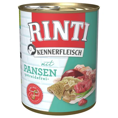 Rinti Kennerfleisch mit Pansen getreidefrei, barattolo con immagini di carne e trippa, scritta Rinti seit 1983 Original visibile sull'etichetta.