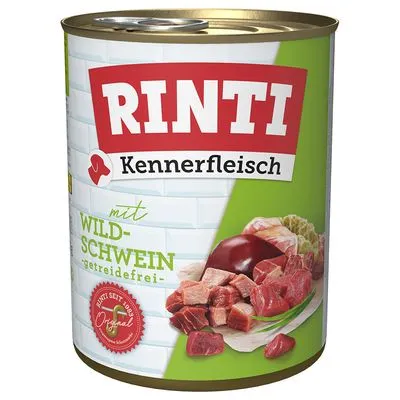 RINTI Kennerfleisch mit Wildschwein, getreidefrei. Afbeelding van vleesstukken op het etiket. Rood zegel: 'Seit 1983 Original'.