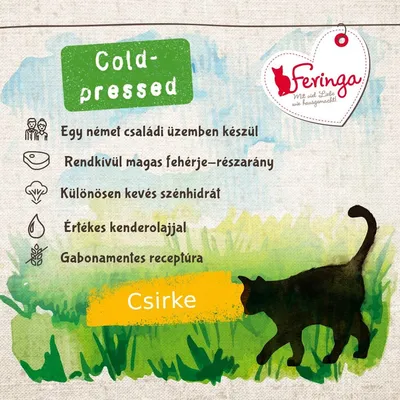 Feringa Cold-pressed. Egy német családi üzemben készül, rendkívül magas fehérje-részarány, kevés szénhidrát, értékes kenderolajjal, gabonamentes receptúra, csirke.