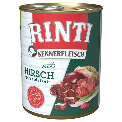RINTI Kennerfleisch mit Hirsch, getreidefrei. Dåse med billeder af kød og indmad. Rødt mærke: Rinti seit 1983 Original. Tekst på tysk.