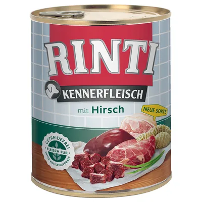 Konzerva Rinti Kennerfleisch mit Hirsch. Tekst: Neue Sorte, getreidefrei, Fleisch pur, ohne Kohlenhydrate. Prikaz komada mesa i iznutrica na etiketi.