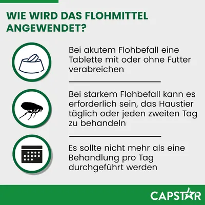 Anwendung des Flohmittels: Bei akutem Flohbefall eine Tablette mit oder ohne Futter verabreichen. Bei starkem Befall täglich oder jeden zweiten Tag behandeln. Maximal eine Behandlung pro Tag.