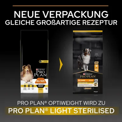 Neue Verpackung, gleiche grossartige Rezeptur. Pro Plan Optiweight wird zu Pro Plan Light Sterilised. Geeignet für erwachsene Hunde ab 1 Jahr, alle Grössen.