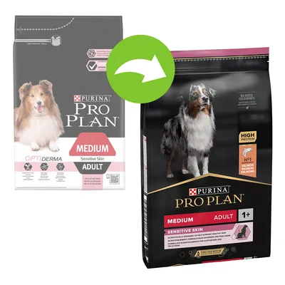 Due confezioni di PURINA PRO PLAN Medium Adult Sensitive Skin, una vecchia e una nuova, entrambe con immagini di cani e testo visibile: ricco in salmone, high protein, adult 1+.