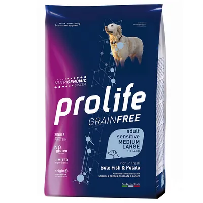 Prolife Grainfree alimento para perros adultos sensibles de tamaño mediano a grande (11-44 kg), rico en lenguado fresco y patata, sin gluten, ingredientes limitados, producto de Italia.