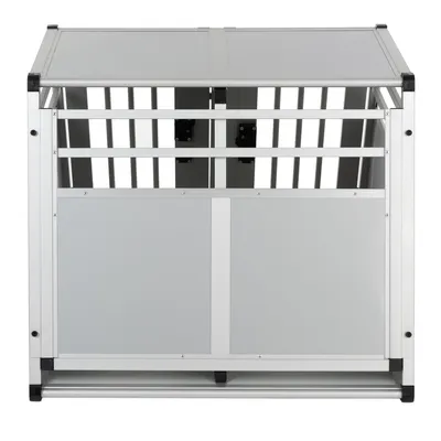 Box per cani in metallo e pannelli grigi, struttura rettangolare con sbarre laterali e divisorio centrale visibile frontalmente.