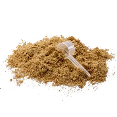 Polvo marrón para mascotas con un dosificador de plástico transparente sobre una superficie blanca. El producto se muestra sin envase ni marca visible.