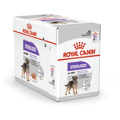 Balení Royal Canin Sterilised All Sizes pro psy, 12×85g kapsiček. Na obalu pes, miska s krmivem a text: Maintains ideal weight. Viditelné značky a informace o velikosti balení.